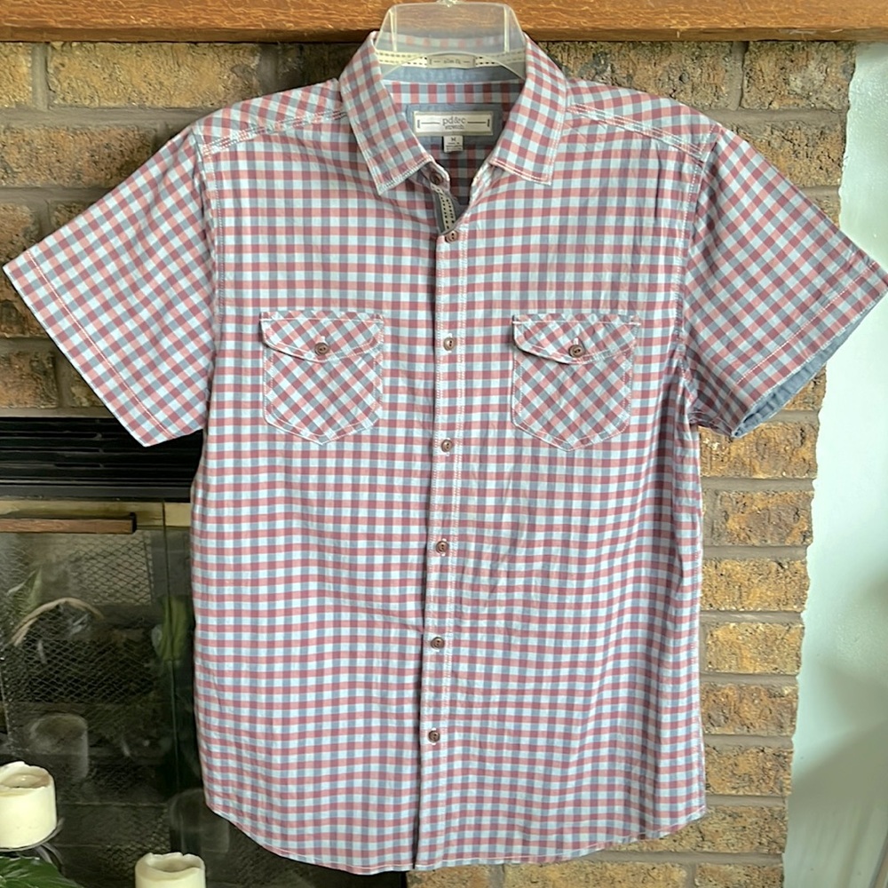 PD&C blue pink plaid button down short sleeve shirt
